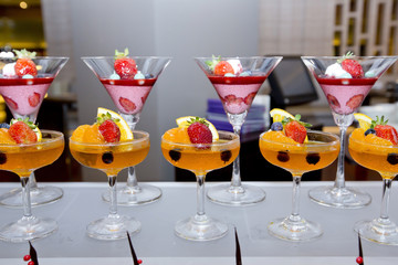 Glass of fresh fruit jelly of buffet.Finger food.
