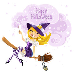 Cute witch flying on a broom and conjures wish Happy Halloween