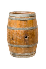 Wooden barrel with iron rings. Isolated on white background.