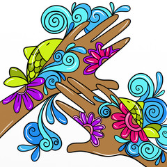 hands decorated with fish and flowers