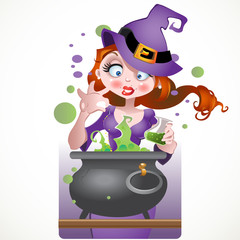 beautiful Whitch in violet dress with copper of poison