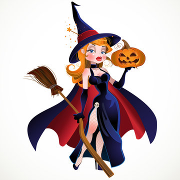 vector beautiful witch in cloak with a pumpkin