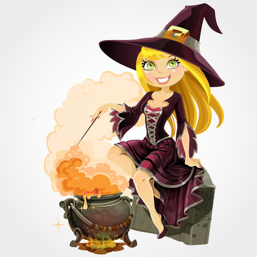 Beautiful witch sit on grave with the boiler of potion