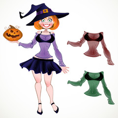 Pretty witch with pumpkin and set of different colours blouse