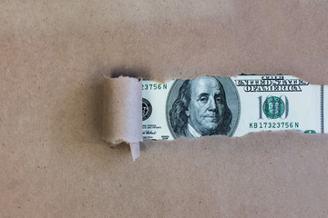 Dollars through torn green paper
