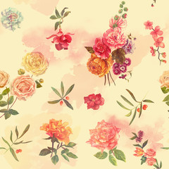 Bright watercolour roses, leaves and berries seamless pattern