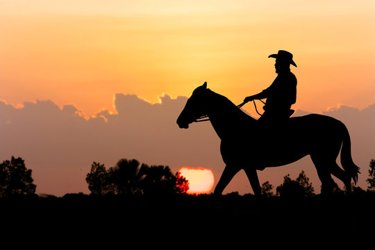 
Stock Photo:
silhouette of Cowboy sitting on his horse at  sunset background