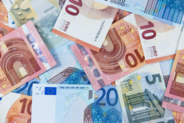 New Twenty, Ten and Five Euro Bank Banknote. European Union.  Background, texture