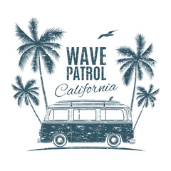 Retro surf van with palms and a seagull.