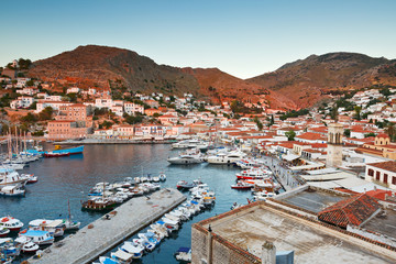 View of port of Hydra from a hill above the town.