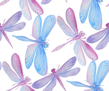 Seamless pattern with hand drawn watercolor dragonflies.