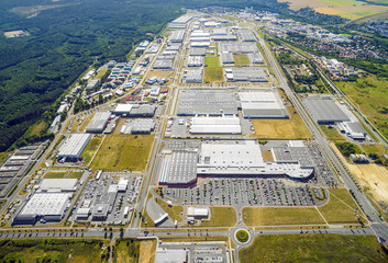 Aerial view to industrial zone and technology park on Bory suburb of Pilsen city in Czech Republic, Europe.
