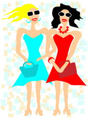 Girlfriends in sunglasses going to buy