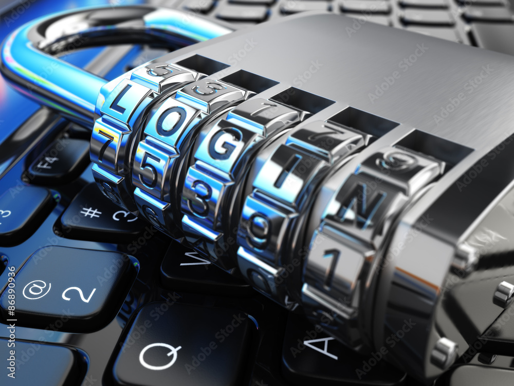 Poster Internet security concept. Laptop and safe lock with login.