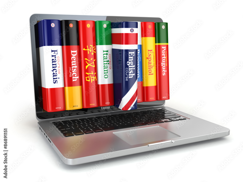 Poster e-learning. learning languages online. dictionaries and laptop.