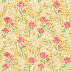 Elegant seamless pattern with pink, yellow and white flowers