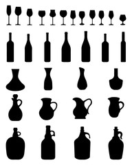 Black silhouettes of wine glasses and bottles, vector