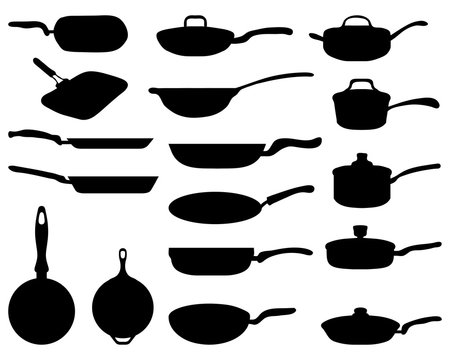 Black silhouettes of a frying pan, vector