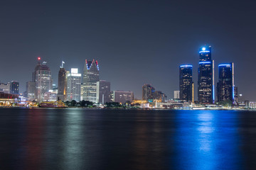 Detroit at Night Color. Downtown Detroit, Michigan as seen from across the Detroit river in...