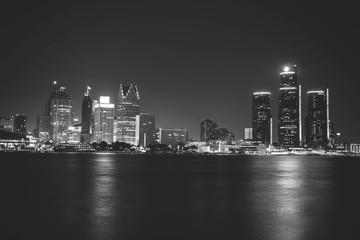 Detroit at Night Black and White. Downtown Detroit, Michigan as seen from across the Detroit river...