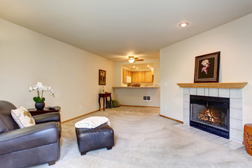 Modern living room with brown leather chair and a fire place.