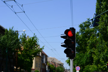 Stop sign at traffic lights. Red light in Szeged Hungary, Londoni krt street.