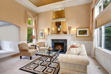 Perfect front living room with astounding chandelier and firepla