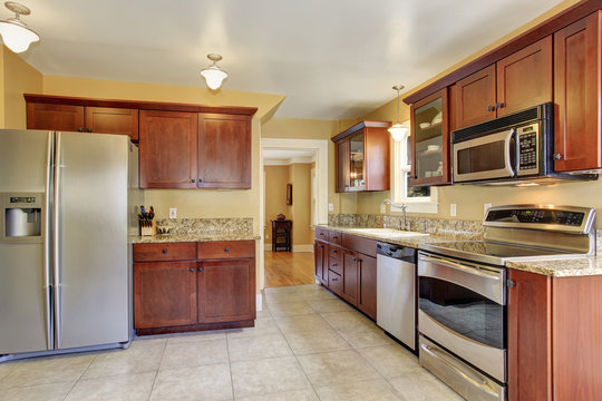 Luxury Modern Kitchen With Stained Cabinets, And Stainless Steel