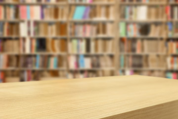 Empty wooden table and modern library background