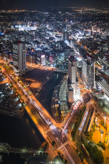 Aerial night view of Yokohama Cityscape at Minato Mirai waterfro