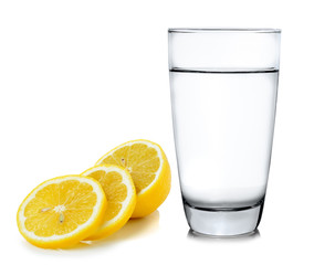 water with lemon on white background