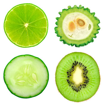 Slice lemon, cucumber, melon, kiwi on white background