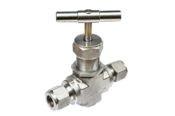 Manual ball valve or stainless steel ball valve isolated on white background, Valve for oil and gas process or high pressure process, Instrument supply equipment for control pressure 