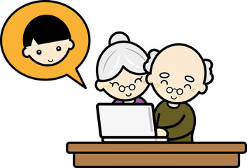 パソコンで孫とコミュニケーションをとるおじいさんとおばあさん