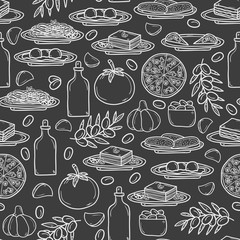 Seamless background with hand drawn objects on italian food