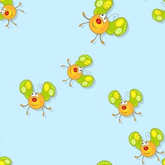 Cute smiling butterflies background. Seamless pattern on blue