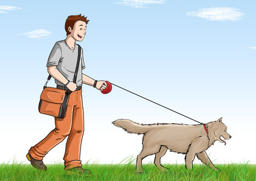 Joven muchacho paseando con su perro en parque en cielo despejado