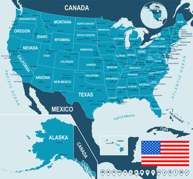 United States, USA. Map, flag and navigation labels, highly detailed vector illustration.
