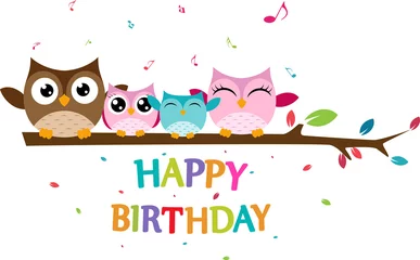 Garden poster Owl Cartoons Happy owl family celebrate birthday