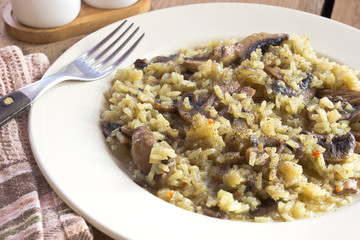 Risotto with mushrooms on plate with fork