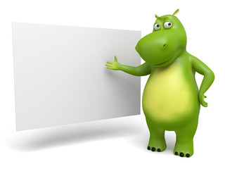 3d cartoon animal with blank board. 3d image. Isolated white background