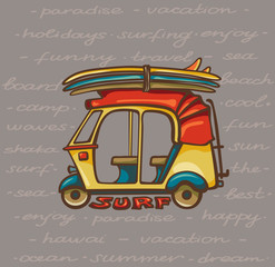 Naklejka premium Tuk tuk with surfboards. Surfing trip.