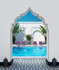 Moroccan riad courtyard with a swimming pool
