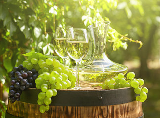 wine on wooden barrel on green garden terrace