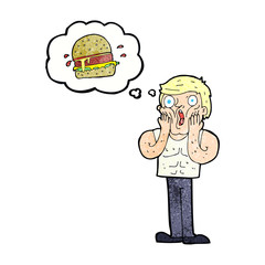 cartoon shocked man thinking about junk food