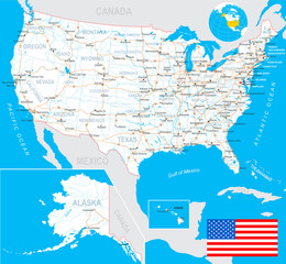 Naklejka premium USA map and flag - highly detailed vector illustration with next layers.There are land contours, country and land names, city names, water object names, flag, navigation icons, roads, railways.