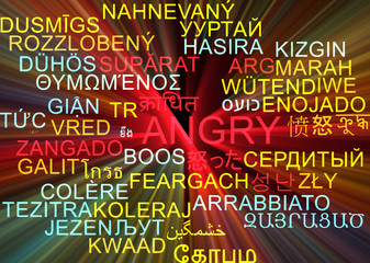 Angry multilanguage wordcloud background concept glowing