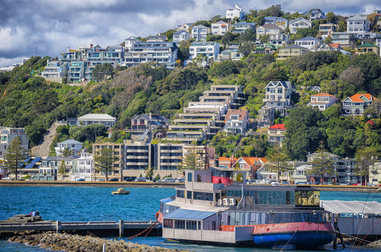 Welington's Oriental Bay showing the hills to Roseneath and in the foreground the Tugboat restaurant