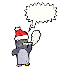 cartoon penguin in christmas hat smoking cigarette