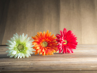 gerbera flowers (artificial ) on wood background